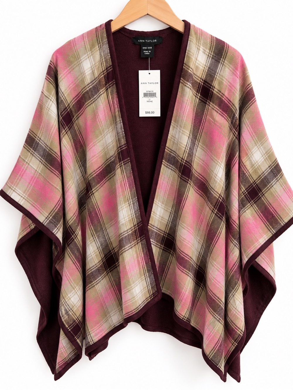 Ann Taylor Plaid Cape Poncho Wrap Wool Blend Pink Olive Burgundy NWT One Size